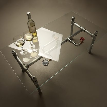 Glass coffee table with wine glasses