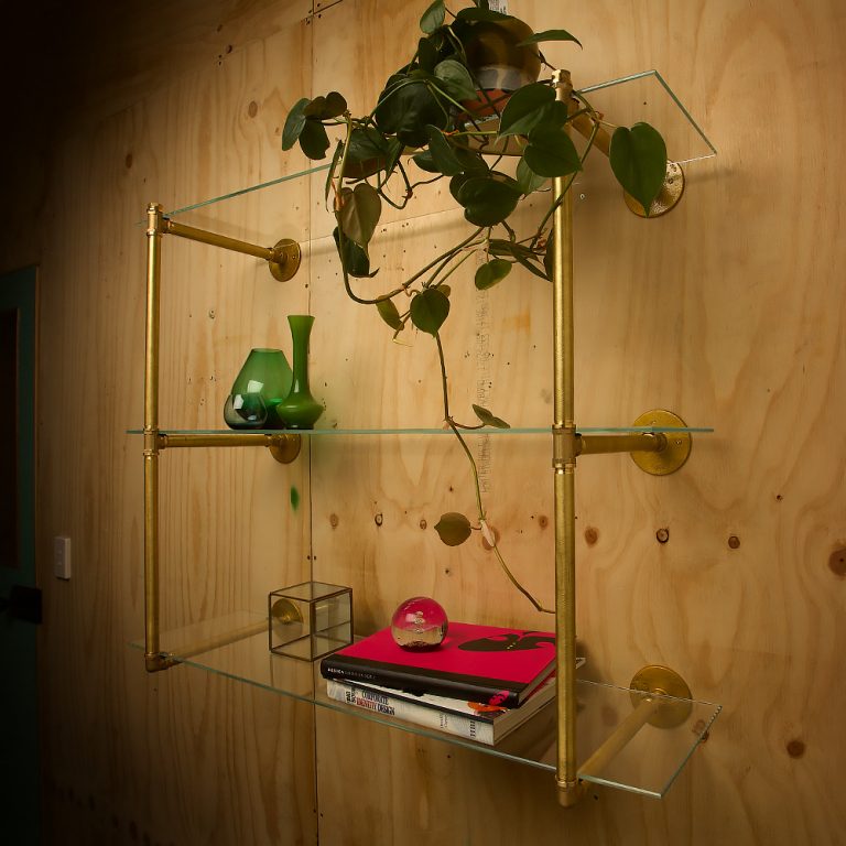 Industrial Solid Brass plumbing pipe three level wall shelf