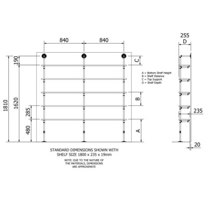 Plumbing pipe five level floor shelf kit dimensions