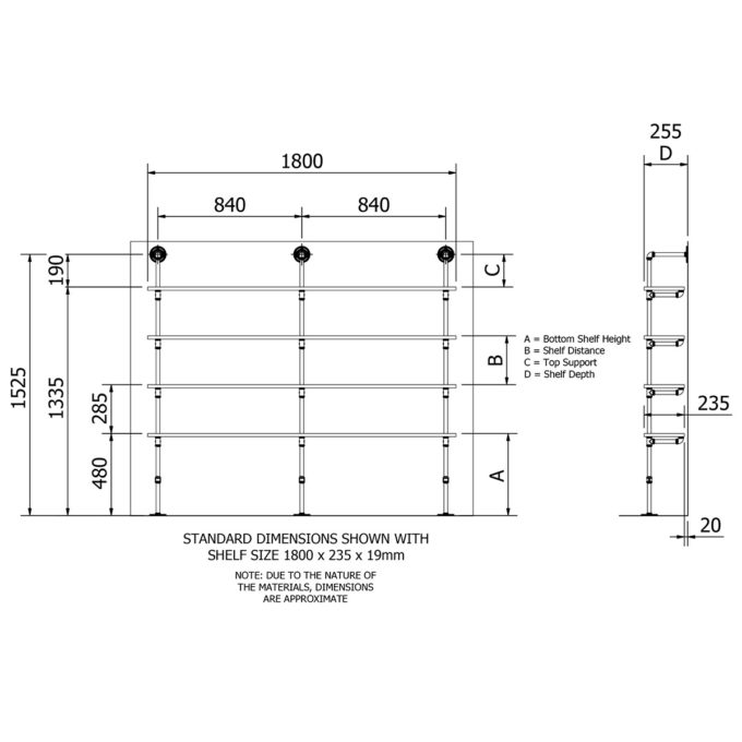 Plumbing pipe four level floor shelf kit dimensions