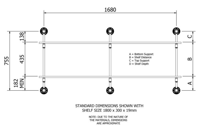 Heavy duty two level plumbing pipe wall shelf dimensions